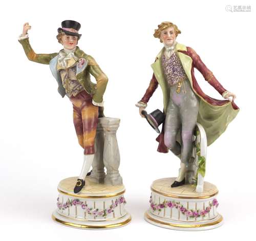 Pair of 19th century German porcelain figures by Plaue, factory marks to the bases, the largest 30cm