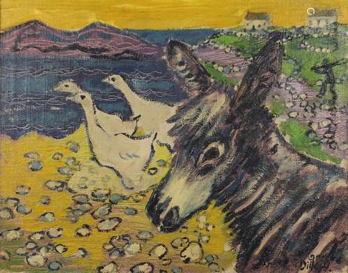 Manner of Gerard Dillon - Geese and donkey by water, oil on canvas, framed, 49cm x 39cm : For