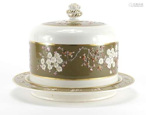 Victorian aesthetic cheese dome on stand, hand painted with plum blossom, overall 23.5cm high, the