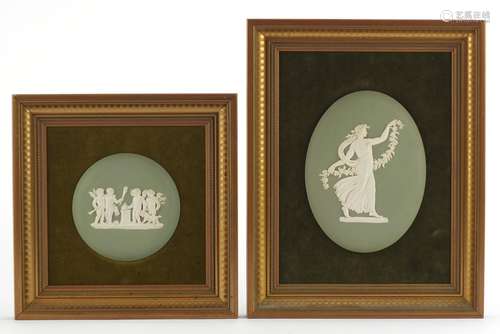 Two Wedgwood green Jasper Ware plaques including one of a maiden, each in a gilt frames, impressed