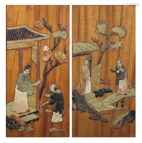 Pair of Chinese hardwood and soapstone panels, each depicting figures, each with Yai Loong labels