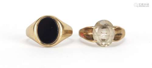 9ct gold smoky quartz ring and a 9ct gold black onyx signet ring, size G, approximate weight 4.