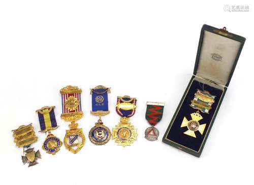 Seven silver jewels some with enamel including six ROAB examples, awarded to Bro H Champion : For