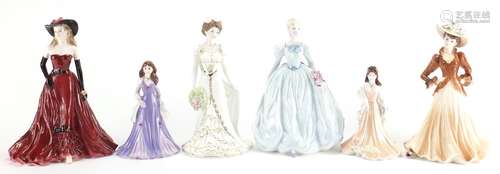 Six Coalport figurines with boxes including Olivia, Joan, Kim and Rainbow Ball, the largest 21.5cm