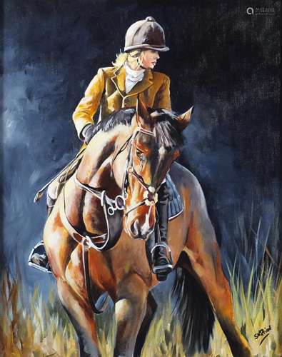 Kay Prior - Jockey on horseback, oil on canvas, label verso, framed, 49cm x 39cm : For Further