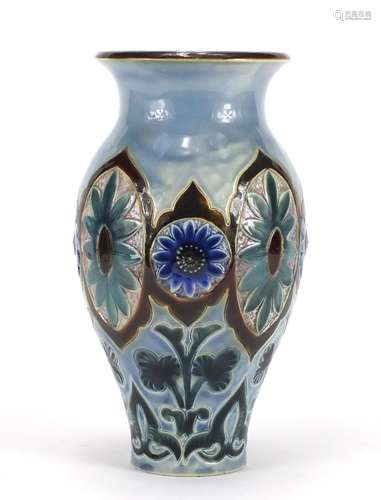 Doulton Lambeth stoneware vase by Frank Butler, hand painted and incised with stylised flowers,