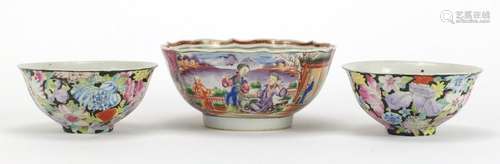 Three Chinese porcelain bowls including a pair hand painted with Thousand Flowers, the largest