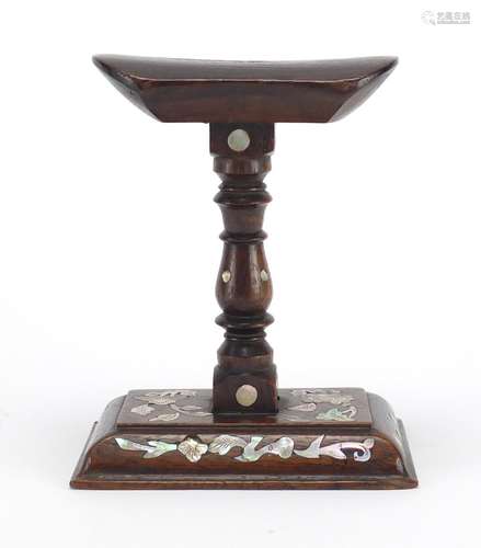 Chinese carved hardwood headrest with mother of pearl inlay, 15cm high : For Further Condition