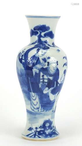 Chinese blue and white porcelain baluster vase with flared rim, hand painted with three figures,