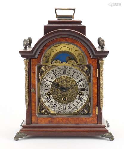 Franz Hermle bracket clock striking on five rods, with moon phase dial and silvered chapter ring,