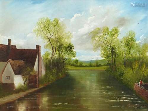 Raymond Price - Cottage beside a river with a fisherman, oil on canvas, framed, 60cm x 44.5cm :