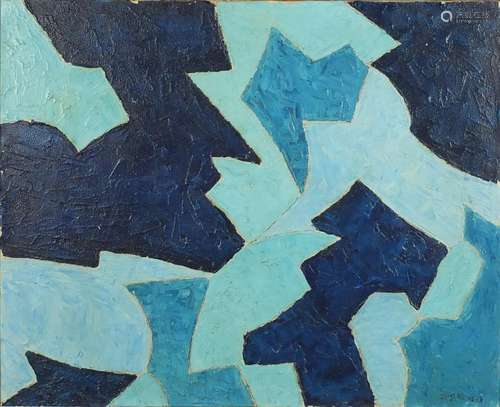 Abstract composition, blue shapes, oil on canvas, bearing an indistinct signature possibly Seage