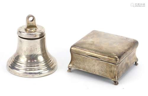 Square silver jewel box and an inkwell in the form of a ships bell, Birmingham hallmarks, the