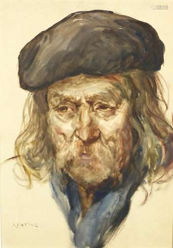 Portrait of an old man, watercolour on card, bearing a signature Keating, mounted unframed, 33.5cm x