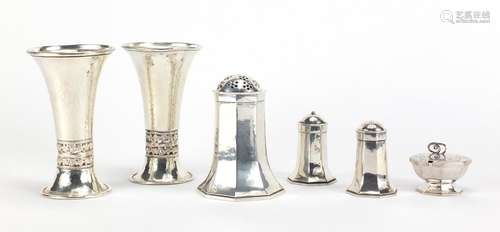 Silver plate including a pair of Arts & Crafts vases in the style of A E Jones, 13cm high : For