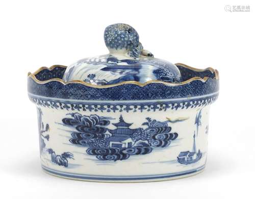 Chinese blue and white porcelain pot and cover, hand painted with a continuous river landscape, 12cm