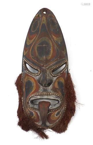 Large Papua New Guinea carved wood face mask, hand painted with tribal motifs, 72cm high : For