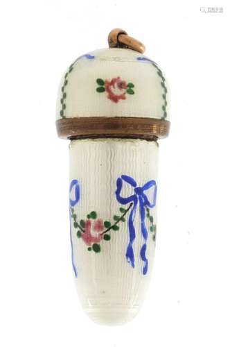 Silver and guilloche enamel acorn cheroot case, housing a telescopic cheroot, 3.7cm in length,