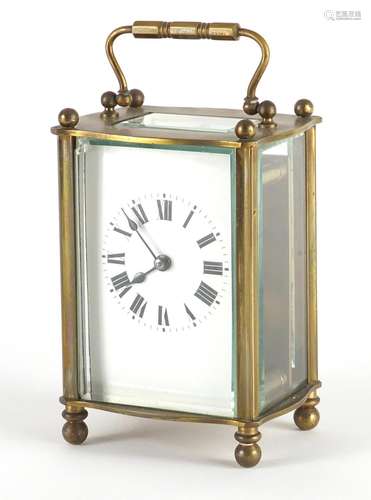 French brass cased carriage clock with enamel dial and Roman numerals, 11.5cm high : For Further