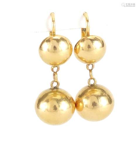 Pair of Chinese 18ct gold ball earrings, 3.5cm in length, approximate weight 6.8g : For Further