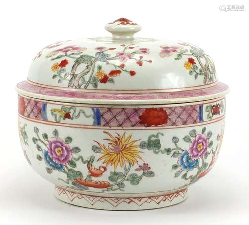 Large Chinese porcelain bowl and cover, hand painted in the famille rose palette with flowers, six