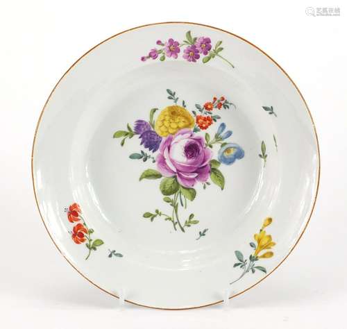 19th century Meissen soup bowl, hand painted with flowers, cross sword marks to the base, 22cm in