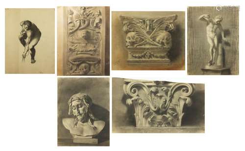 Six architectural and classical chalk drawings on paper, each bearing a signature C Porto, unframed,