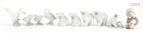 Ten Lladro figures comprising five polar bears, eskimo with bear cub and four geese, the largest