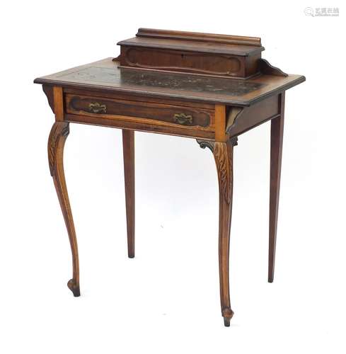 Edwardian mahogany escritoire, the top with pen box and tooled leather top above a drawer on