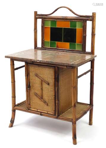 Aesthetic bamboo wash stand with tiled back and marble top above a cupboard, 121cm H x 77cm W x 49cm