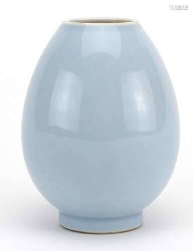 Chinese light blue glazed footed vase, six figure character marks to the base, 10.5cm high : For