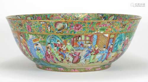 Large Chinese porcelain Canton punch bowl, the exterior finely hand painted in the famille rose