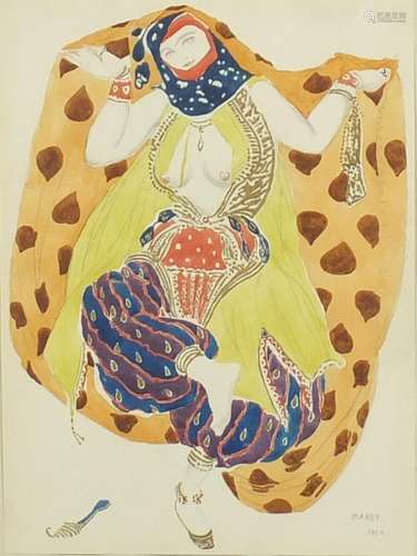 Leon Bakst 1910 - Ballet Scheherazade, semi nude dancer, ink and watercolour on paper, with