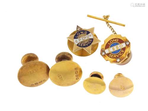 Gold studs comprising two 9ct gold enamel and diamond Esso (5.5g), three 18ct (6.2g)and one 15ct (