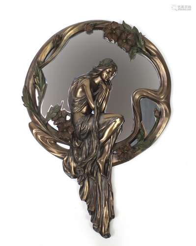 Art Nouveau style bronzed maiden design wall mirror, 71cm high : For Further Condition Reports and