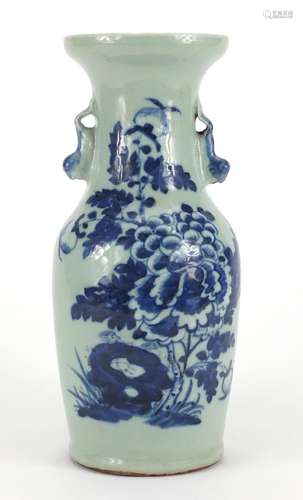 Chinese porcelain celadon vase with twin handles, hand painted with flowers, red wax seal to the