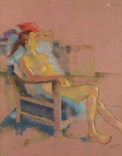 After Frank Dobson - Nude female in a chair, mixed media, framed, 49cm x 38.5cm : For Further