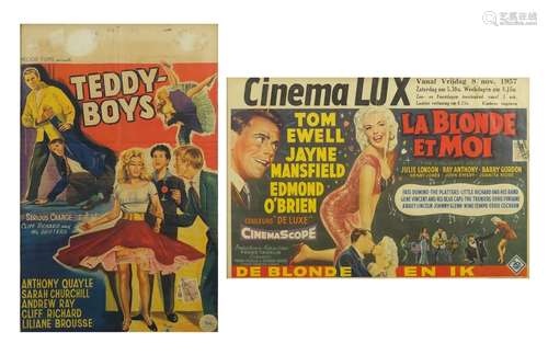 Two vintage French film posters, Cinema Lux La Blonde Et Moi and Helios films Teddy-Boys, framed,