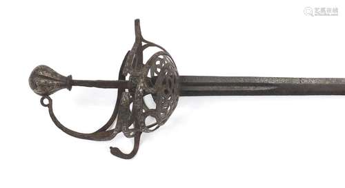 17th century Mortuary sword, the handle and basket with silver foliate inlay, 98cm in length : For