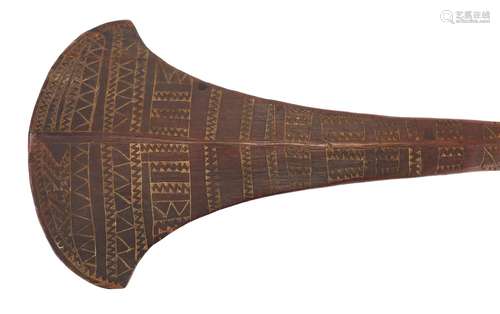 Polynesian War club with carved with geometric tribal motifs, probably Tongan or Fijian, 70cm in