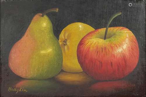 Attributed to E Hodgkins - Still life fruit, oil on board, Campbell's stamp verso, framed, 20cm x