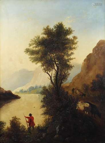 Figure with cattle with a game shooter above water, 19th century oil on canvas, 59.5cm x 44cm :