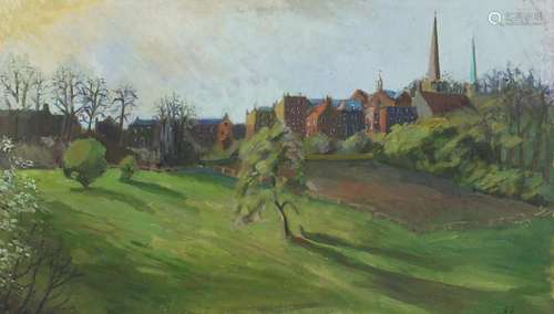 Gilbert Sprencer - Towards town over fields, signed oil on canvas, inscribed verso, framed, 79cm x