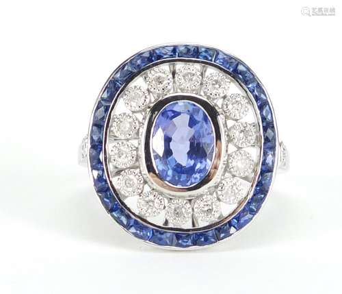 Art Deco style 18ct white gold tanzanite and diamond ring, size J, approximate weight 3.9g : For