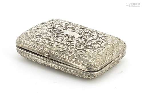 Indian unmarked silver cigarette case, embossed with and elephant and warthog amongst flowers, 9cm