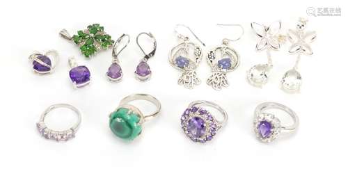 Silver semi precious stone jewellery comprising four rings, three pairs of earrings and three