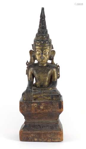 17th/18th century Burmese lacquered wood carving of Buddha, with remnants of gilding and inscribed