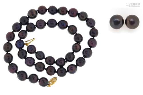 Tahitian pearl necklace with 14ct gold clasp and a pair of silver gilt earrings, the necklace 44cm