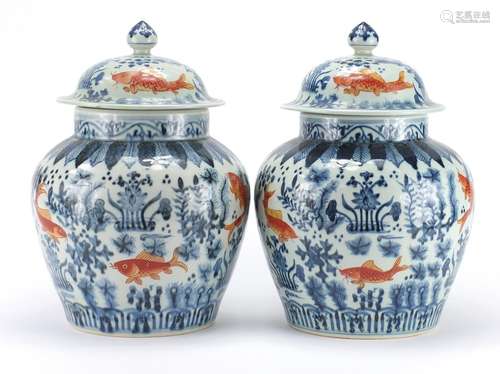 Pair of Chinese blue and white and iron red porcelain vases and covers, hand painted with goldfish