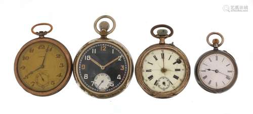 Four open face pocket watches including three silver and one Military : For Further Condition